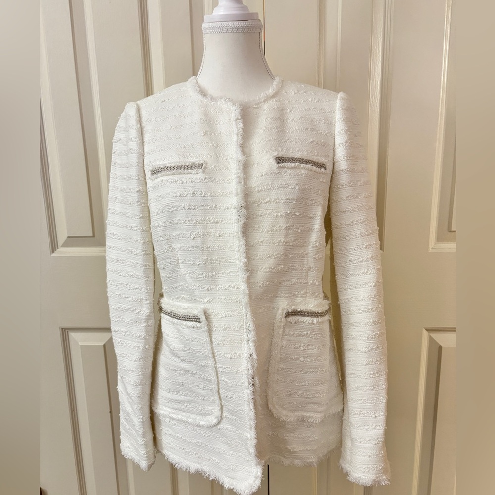 Rebecca Taylor white tweed jacket with sliver trim pockets